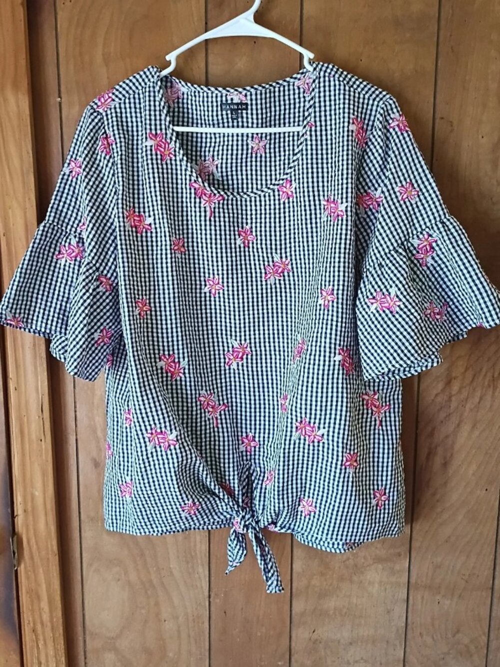 Hannah Womens Blouse Size L Black White Gingham Pink Floral Tie Front Bell Sleev